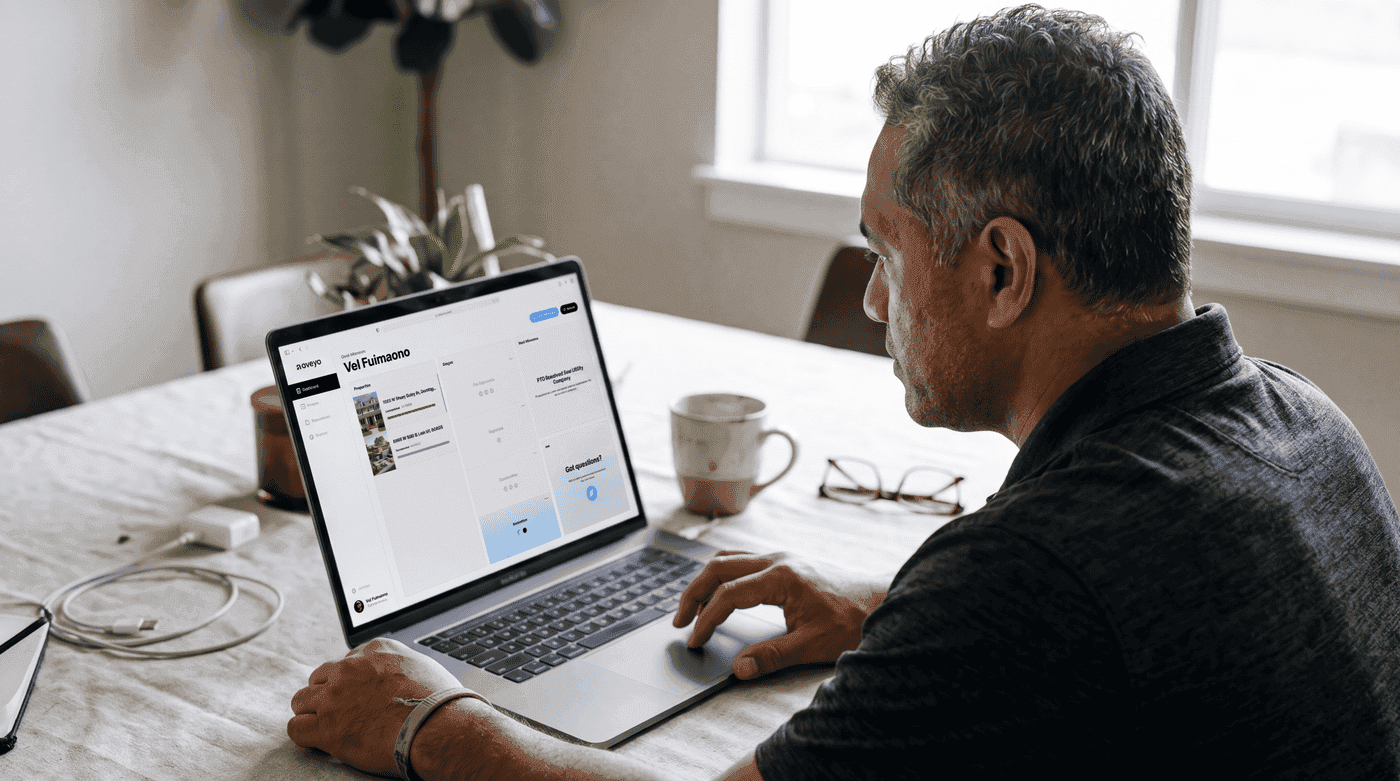 Man viewing the Aveyo customer portal on a laptop at a kitchen table