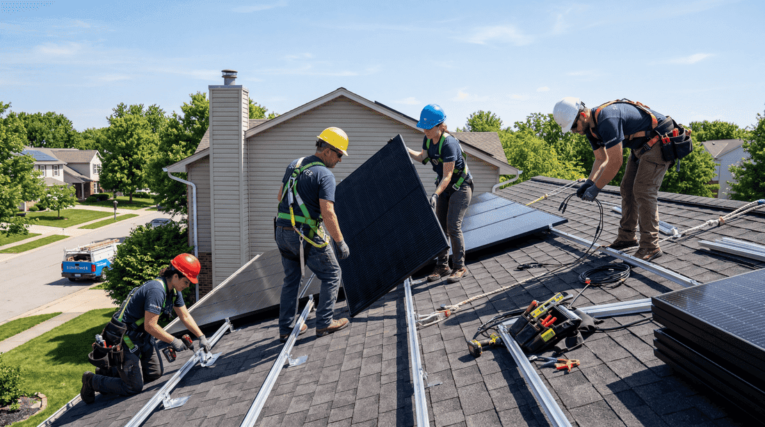 Solar installation crew on residential rooftop mid-install, four workers with different tasks, sunny day